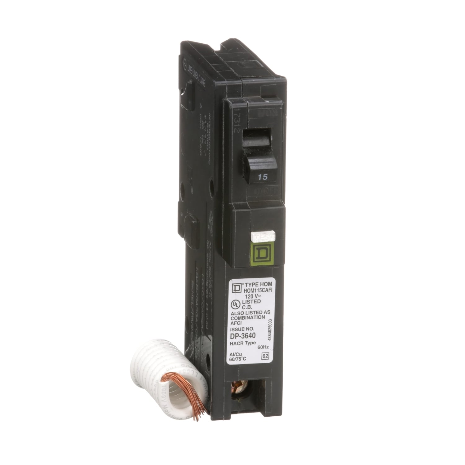 HOM115CAFI Homeline Miniature Circuit Breaker, 15 Amp, 1 Pole, 120V