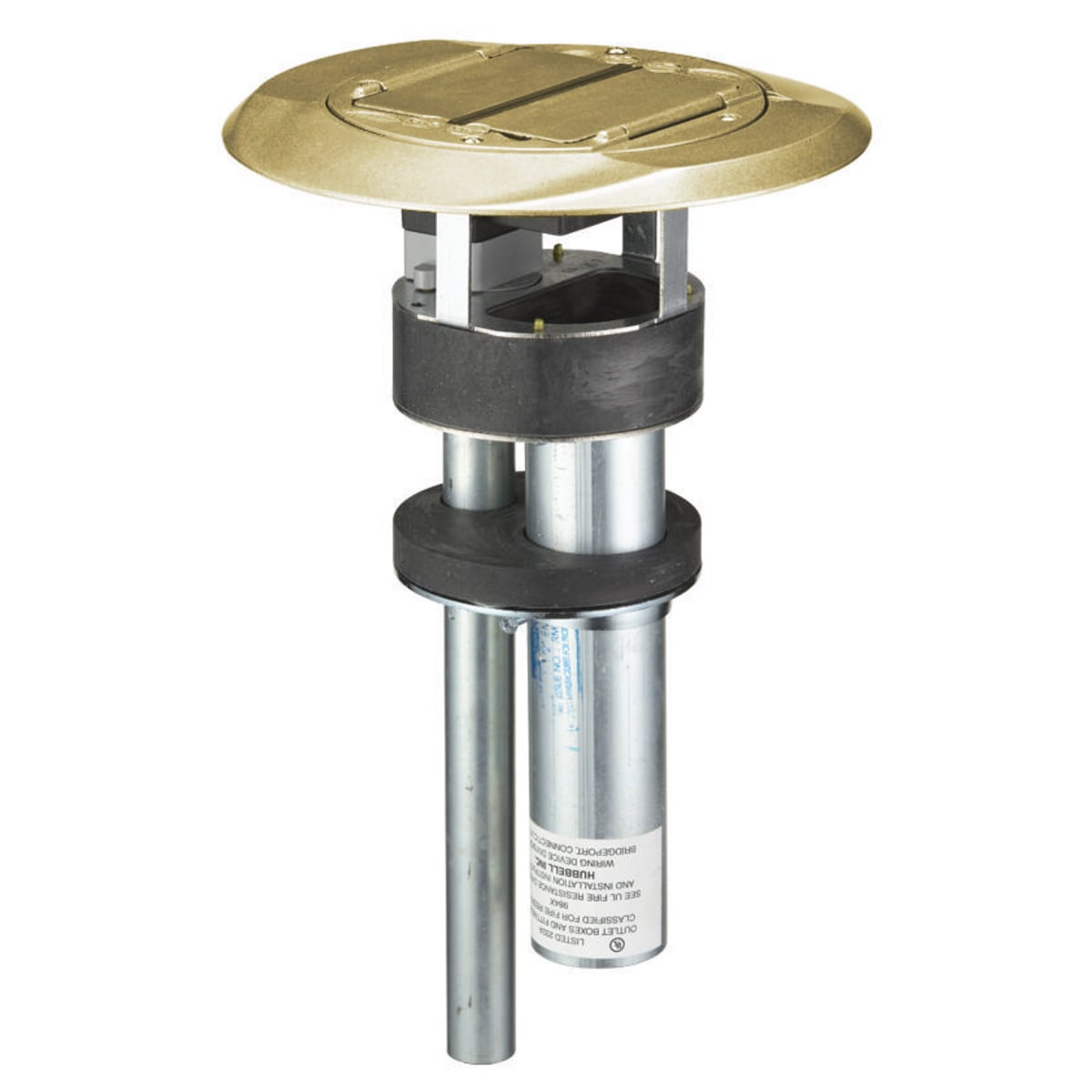 In-Floor Delivery Systems, SystemOne, Fire Rated Poke-Through, 1 Piece Unit, 3-Unit Hubbell iSTATION Opening, Single 20A, 125V Receptacle, Cover with Brass Finish