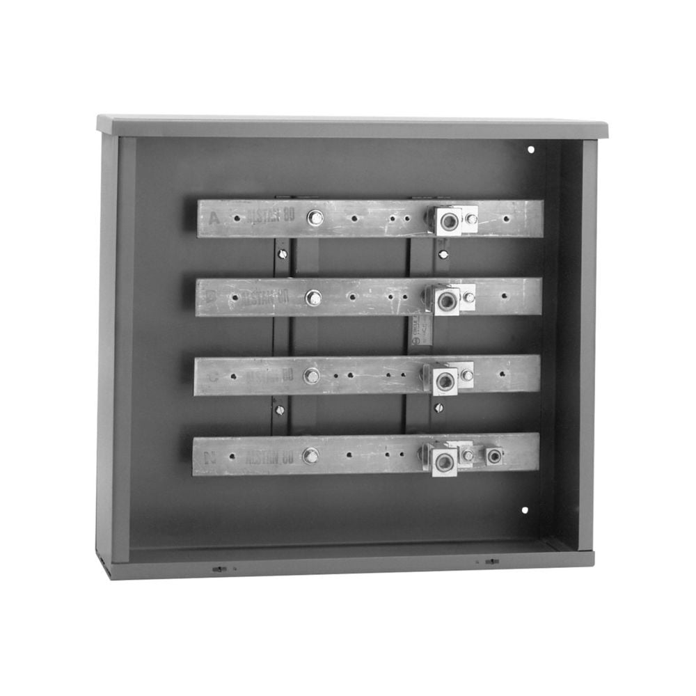 Eaton B-Line series bussed gutter and termination cabinets, 400 A, 3R, 10 kAIC, #4 - 600 MCM, 5/16" mounting holes for load lugs, Galvanized steel, 3?/4W, (2) 1/0-250 MCM cables, NEMA type 3R, 3?/4W, 24" surface mount
