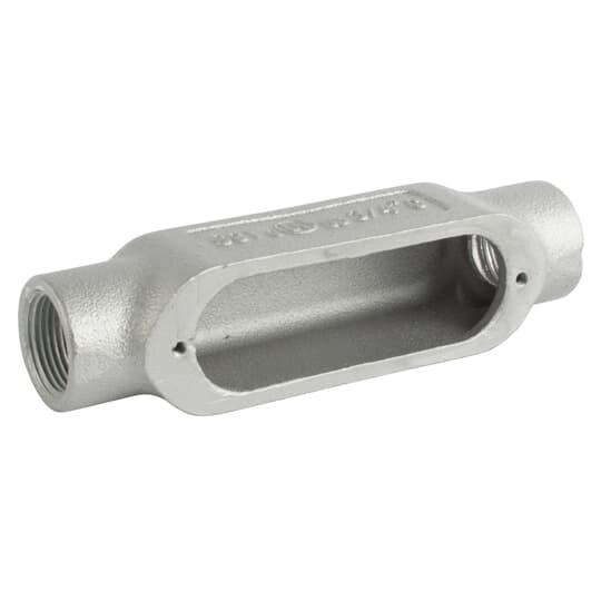 Series 35 Thru-Feed, 3/4 Inch Conduit Body, Body Material Malleable Iron, Finish Zinc Plating with an Aluminum, Acrylic Coating for Use with Rigid/IMC Conduit