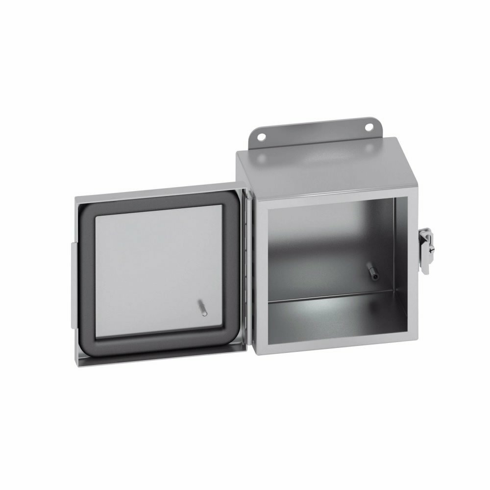 Eaton B-Line series JIC panel enclosure, 8" height, 4" length, 8" width, NEMA 4X, Hinged cover, 4XSS6CHC enclosure, Wall mount, Small single door, External mounting feet, 316 stainless steel, Seamless poured in-place gasket