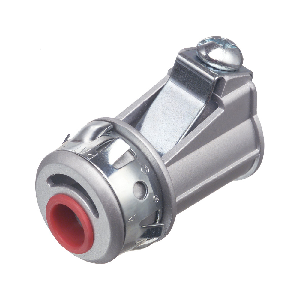 Zinc die-cast, 1/2" Knockout MC cable connector snaps quickly on to the conduit with a removable screw in spring steel clip and then snaps into knockout with external spring steel clip, no tools required. Concrete tight when taped. Comes with Insulated throat.