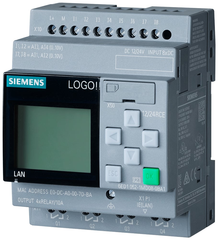 LOGO! 12/24RCE. logic module. display PS/I/O 12/24VDC/relay. 8 DI (4 AI)/4 DQ. memory 400 blocks. modular expandable. Ethernet. integrated web server. data log. user-defined web pages. standard microSD card for LOGO! Soft Comfort V8.3 or higher. older projects executable cloud connection in all LOGO! 8.3 basic units