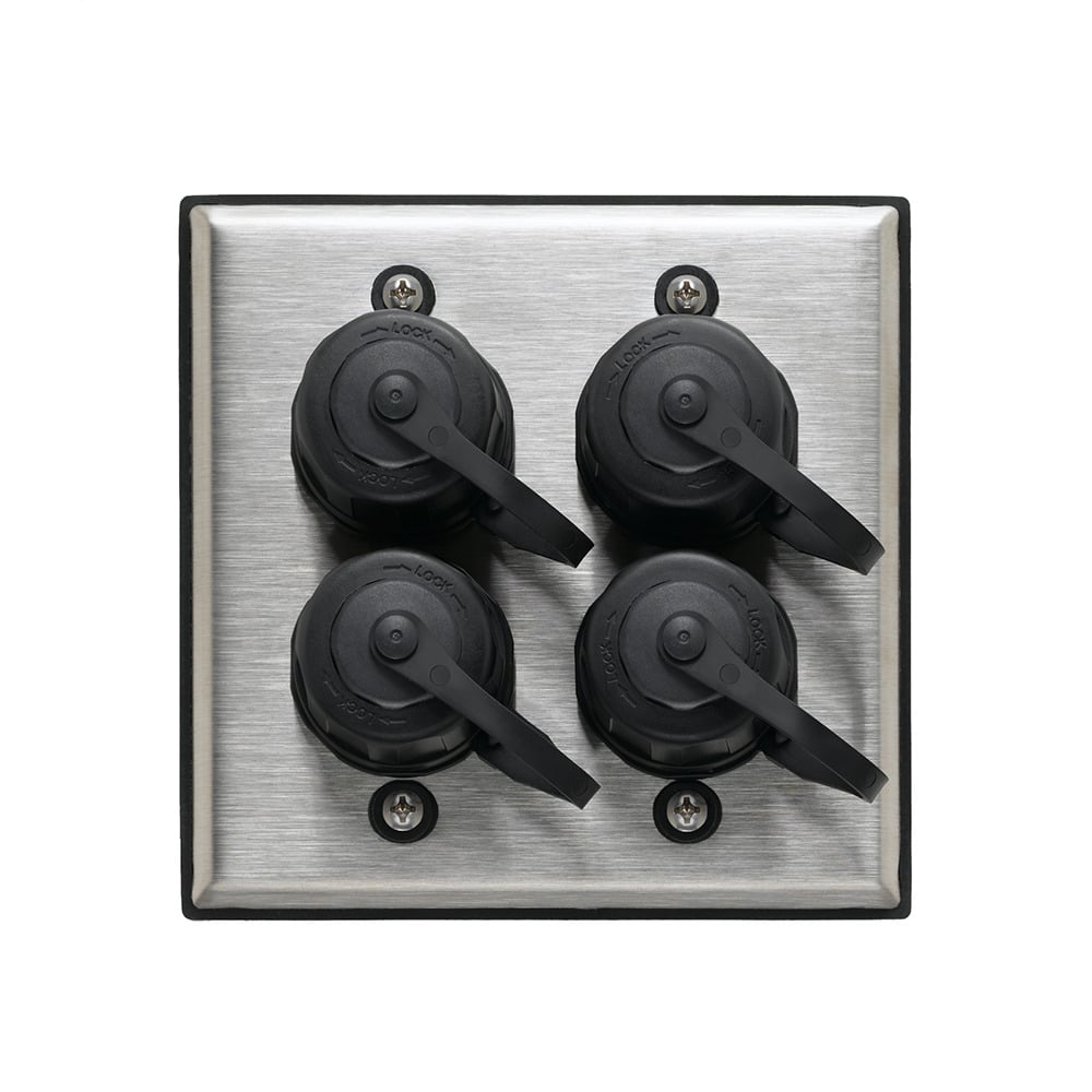 Industrial Outlet Kit, Includes 4-Port Dual Gange Stainless Steel Wallplate, (4 EA) Connector Housing, and (4 EA) Dust Cap, Black