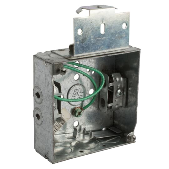 Square Box, 21 Cubic Inches, 4 Inch Square x 1-1/2 Inch Deep, 1/2 Inch and 3/4 Inch Eccentric Knockouts, Pre-Galvanized Steel, MS Bracket, #12 AWG Solid Ground Wire Pigtail, and Armored Cable Clamp (C-3), For Use with Armored/Metal Clad Cable