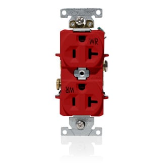 20 Amp, 125 Volt, NEMA 5-20R, 2P, 3W, Wide Body Duplex Receptacle, Straight Blade, Industrial Grade, Self Grounding, Weather-Resistant, Back & Side Wired, Nickel-Plated Brass Strap - RED