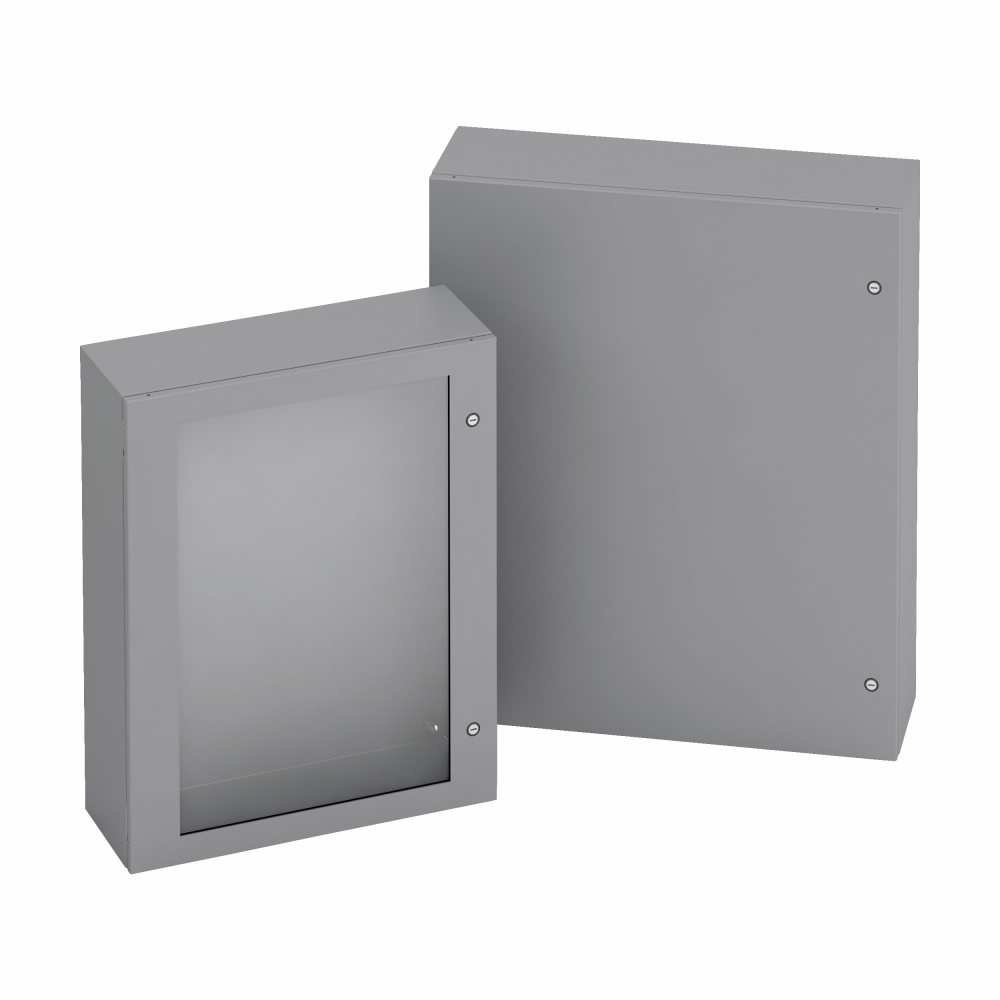 Eaton B-Line series wall mounted panel enclosure,20" height,12" length,20" width,NEMA 4,Hinged cover,SD enclosure,Wall mount,Medium single door,Thru holes,optional external mounting feet,Carbon steel,Seamless poured in-place gasket