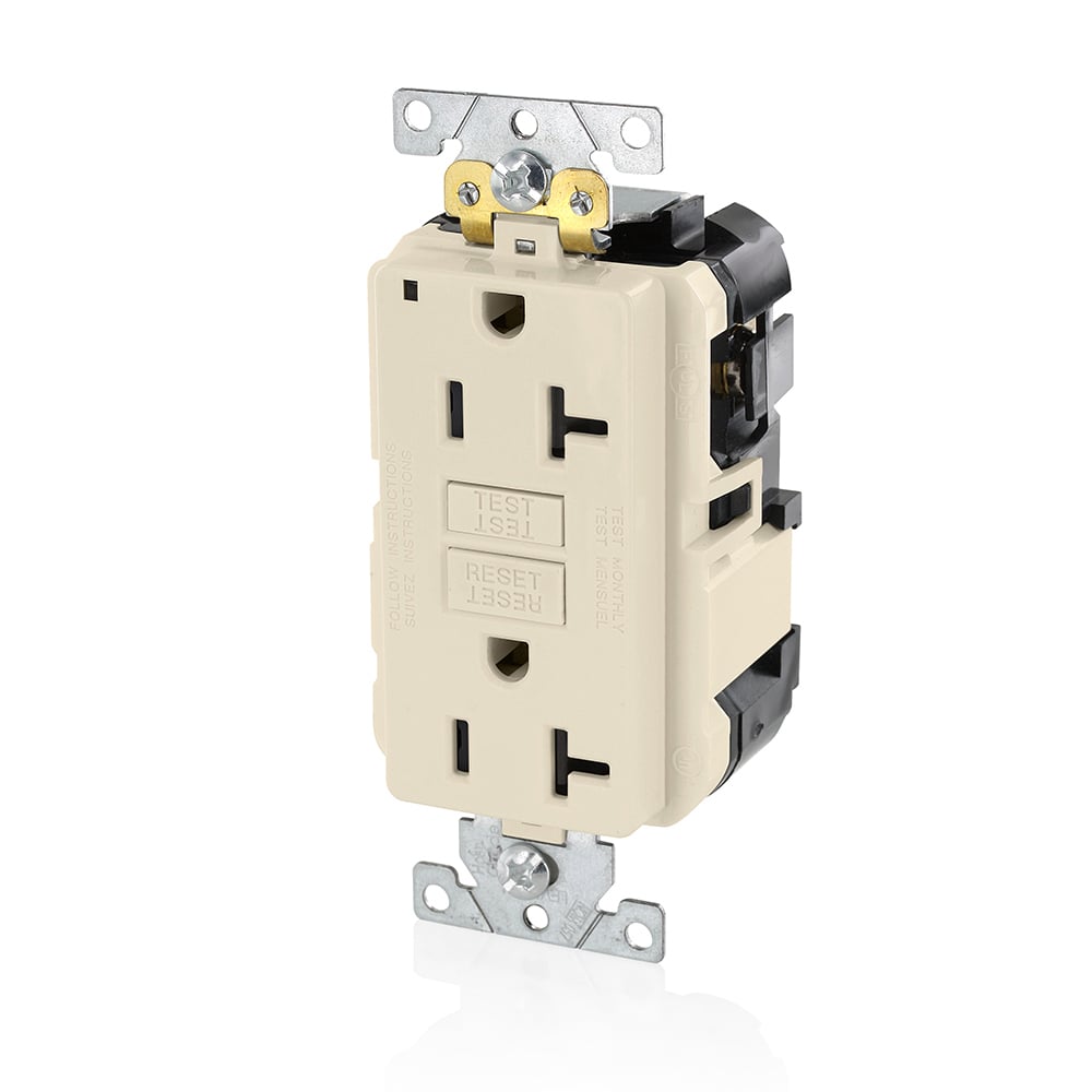 20 Amp, 125 Volt, SmartlockPro Slim Lev-Lok GFCI Self-Test Receptacle, Extra-Heavy Duty Industrial Grade, 20A Feed-Through,NEMA 5-20R, 2P, 3W, Modular Terminals  LIGHT ALMOND