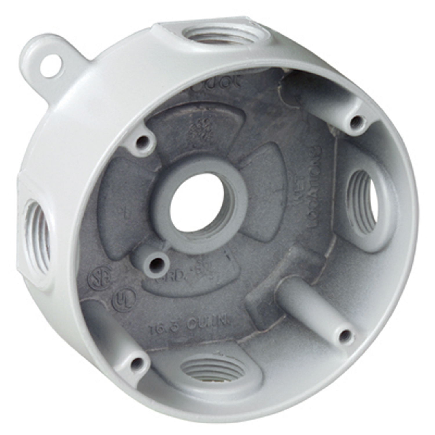 Round Outlet Box, 17 Cubic Inches, 4-1/8 Inch Diameter, Hub Size 3/4 Inch, White, Aluminum, with 5 Outlets, Four on the Sides and One in Back, Mounting Lugs, and 4 Closure Plugs