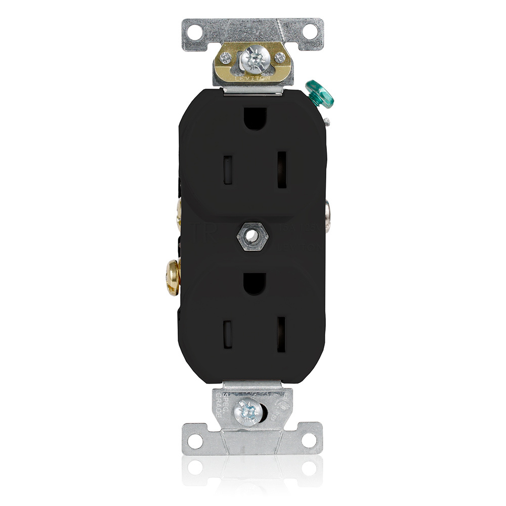 15 Amp, 125 Volt, Narrow Body Duplex Receptacle, Straight Blade, Tamper Resistant, Commercial Grade, Self Grounding, Black