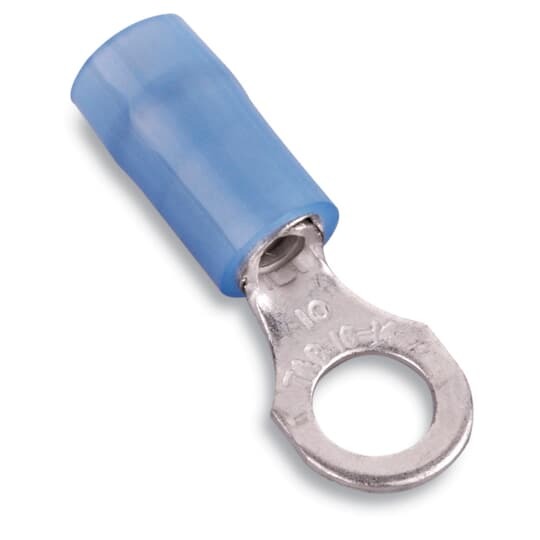 Nylon Insulated Ring Terminal, Length .89 Inches, Width .31 Inches, Maximum Insulation .162, Bolt Hole #6, Wire Range #18-#14 AWG, Color Blue, Copper, Tin Plated
