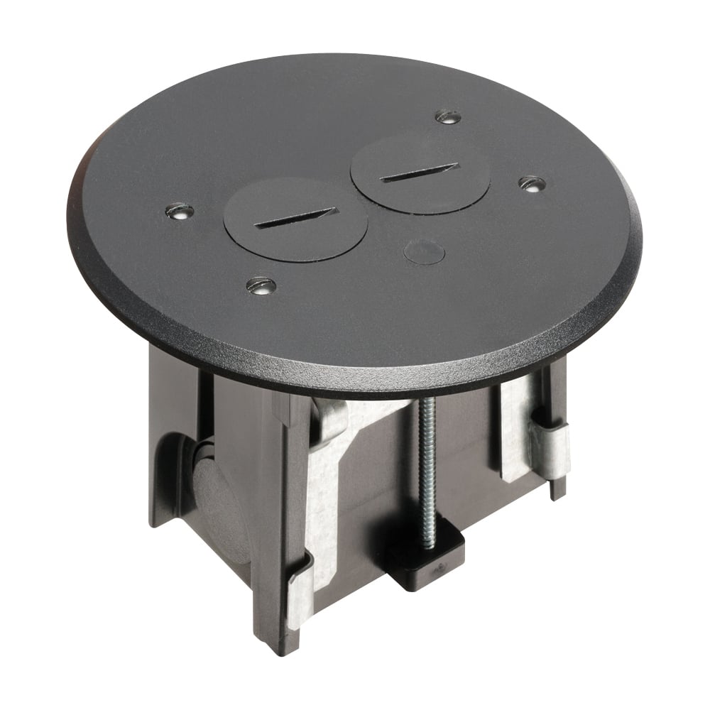 Round Non Metallic adjustable floor box. Black with threaded plugs. Includes tamper resistant duplex receptacle, cover plate with gasket and Arlington NM94 connector and Arlington NM900 knockout plug.
