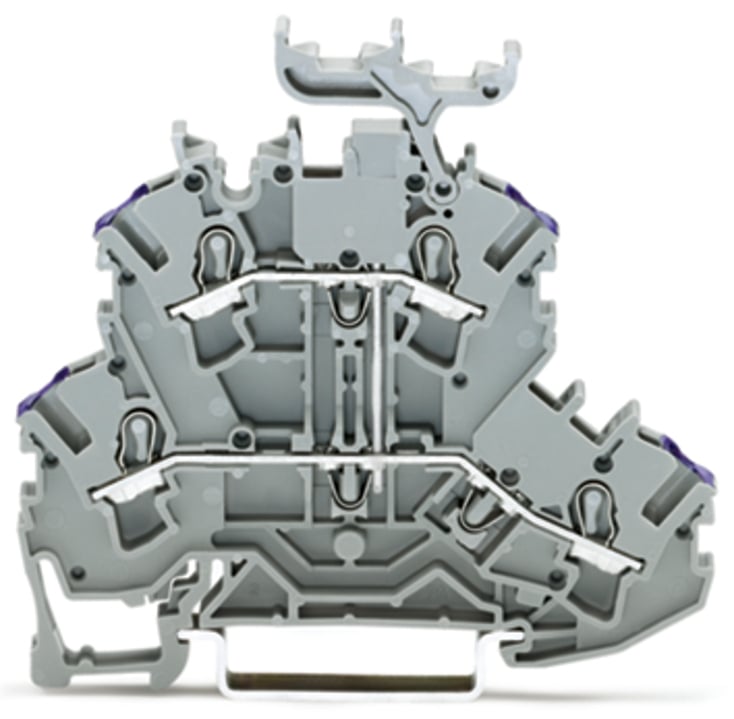 Double-deck terminal block; 4-conductor through terminal block; L; with marker carrier; suitable for Ex e II applications; internal commoning; conductor entry with violet marking; for DIN-rail 35 x 15 and 35 x 7.5; 2.5 mm; Push-in CAGE CLAMP; 2,50 mm; gray