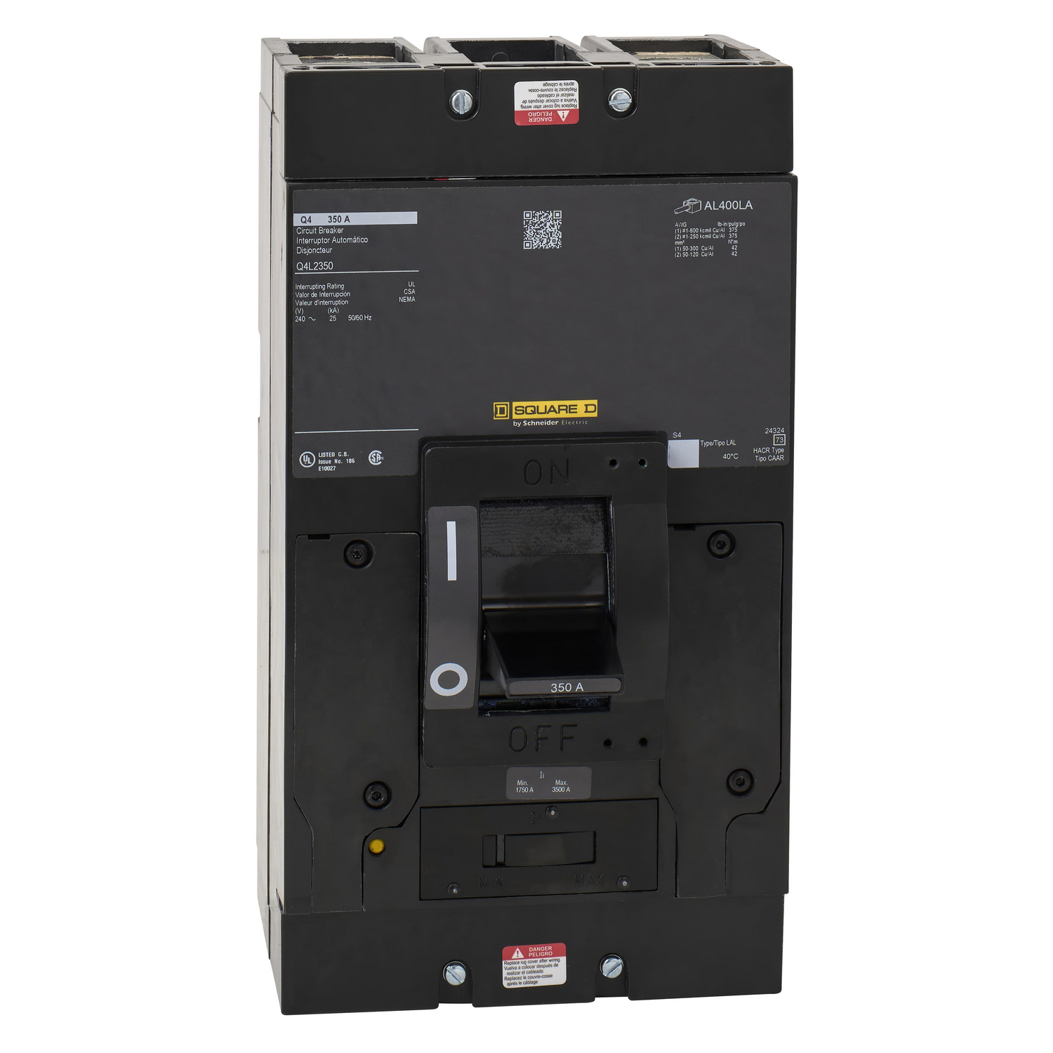 Circuit breaker, Q4, 350A, 2 pole, 240VAC, 25kA, lugs, thermal magnetic