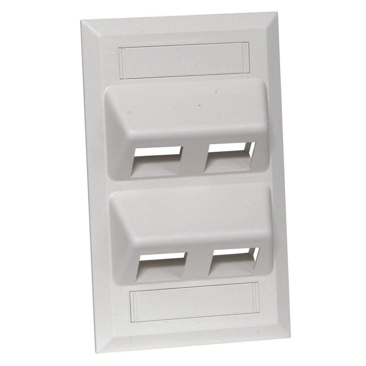 Hubbell Premise Wiring's angled wall plates offer 45 jack and Audio/Video connector mounting along with TIA/EIA-606A station labeling ability and the traditional features of HPW's standard flush wall plates.The design of the AFP plate positions the patch cord down at an angle of 45, which provides additional protection against exceeding the minimum bend radius. The 45 angle also protects the patch cord/jack connection from being damaged from office furniture. AFP plates include 2 smooth locations for adhesive labels or can be fitted with optional snap in clear label covers and paper inserts.
