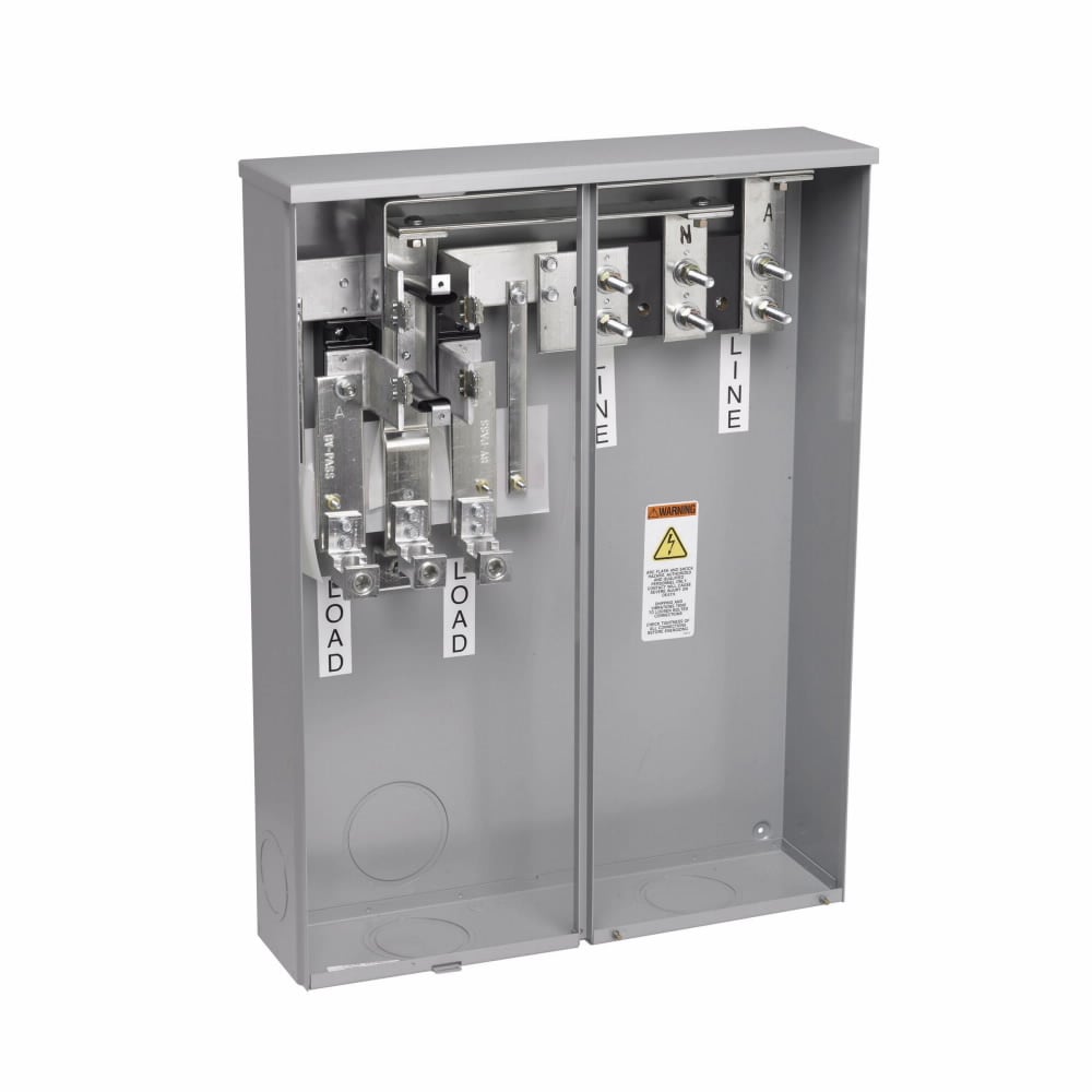 Eaton B-Line series single meter sockets, 200 A, Ring type, ANSI 61 gray painted, Studs, MCB, Steel, Surface mount, 4 jaws, 2 positions, 1?/3W, Overhead and underground feed