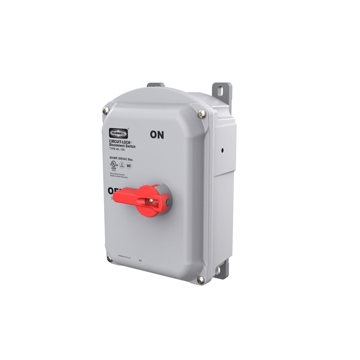 Industrial Grade, Motor Disconnect Switch, Unfused, 3 Pole, 60A 600V AC, Screw Terminals, IP69k, NEMA Type 4X, 12 Non-Metallic Sloped Top Enclosure, cULus, NSF, CE, UL 508 / UL 60947-4-1A