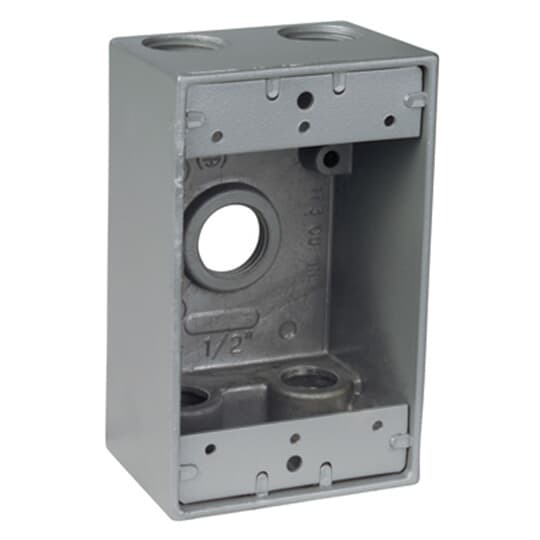 Single Gang Universal Weatherproof Box, 19.0 Cubic Inches, Hub Size 1/2 Inch, Silver, Aluminum, 5 Outlets, Two on Top, and Bottom and One on Back, with Mounting Lugs