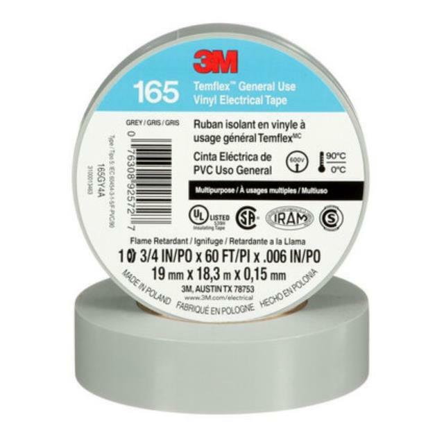 3M Temflex Vinyl Electrical Tape 165, Gray, 3/4 in x 60 ft (19 mm x 18 m), 100 Rolls/Case