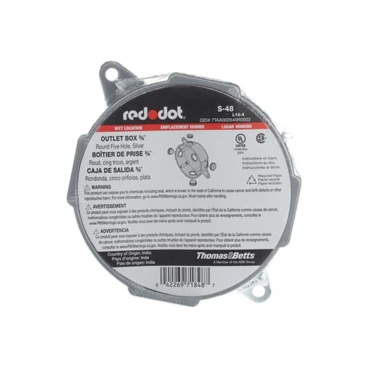 Round Outlet Box, 15.8 Cubic Inches, Diameter 3-15/16 Inch, Depth 1-5/8 Inch, Hub Size 3/4 Inch, Silver, Aluminum, with 5 Outlets, Four on the Sides and One in Back, Mounting Lugs, and 4 Closure Plugs, Pack of 36