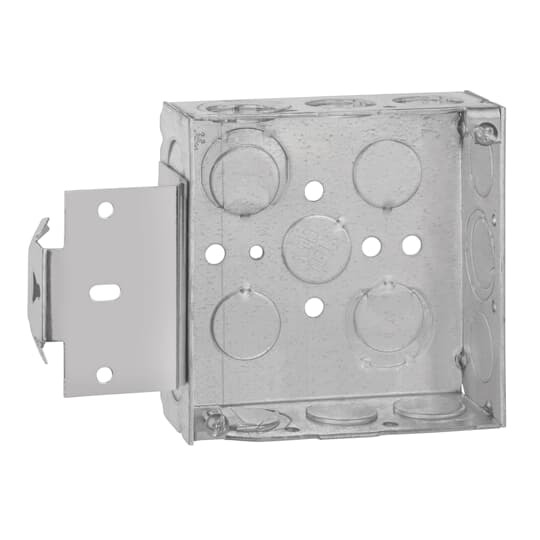Square Box, 21 Cubic Inches, 4 Inch Square x 1-1/2 Inch Deep, 1/2 Inch and 3/4 Inch Eccentric Knockouts, Pre-Galvanized Steel, MS Bracket, for use with Conduit