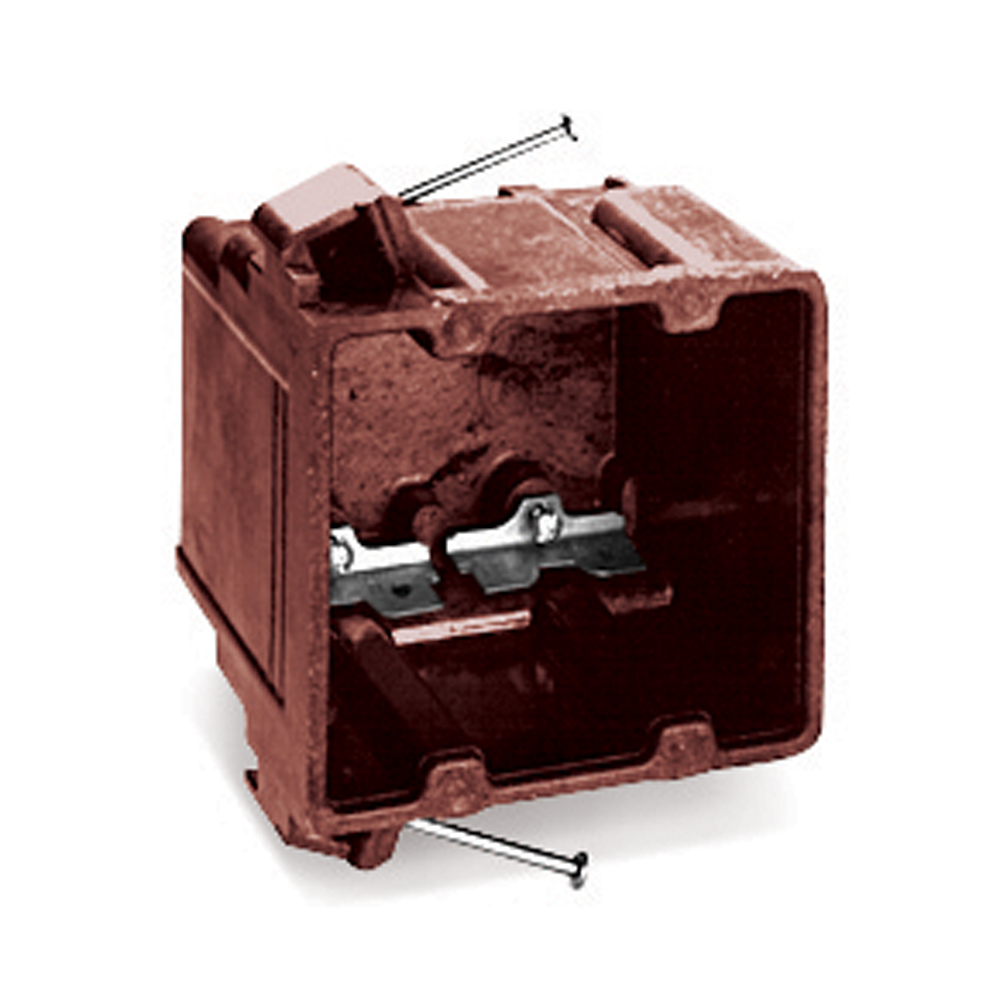 Two-Gang Nail-On Outlet Box, Volume 40.5 Cubic Inches, Length 3-5/8 Inches, Width 4-1/16 Inches, Depth 2-11/16 Inches, Color Brown, Material Phenolic, Mounting Means Compound Angled Nails, with High Clamps