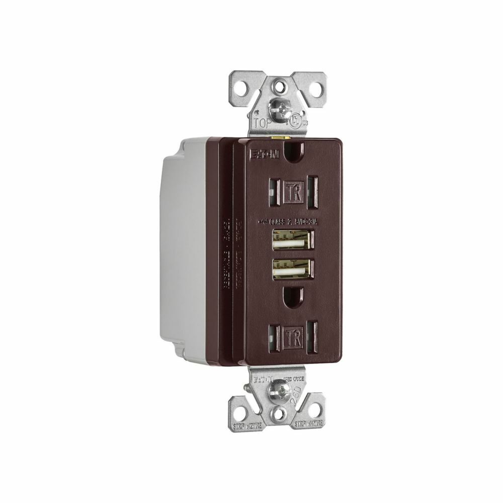 Eaton combination USB charger with duplex receptacle, Tamper resistant, 15A at 125 Vac, 3.A at 5 Vdc, Flush mount, 125 Vac, 5 Vdc, Wire leads, Brown, Brass, 5-15R, Two-pole, three-wire, grounding, Decorator, Thermoplastic
