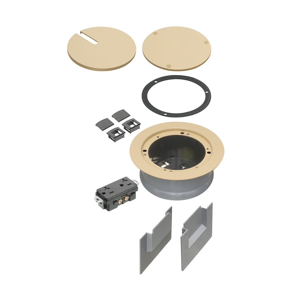 Two low voltage openings. Ultra-thin stamped steel light almond powder-coated flange cover, flush-to-floor in-use and blank cover. Installed UL Listed 20A tamper-resistant decorator-style receptacle.