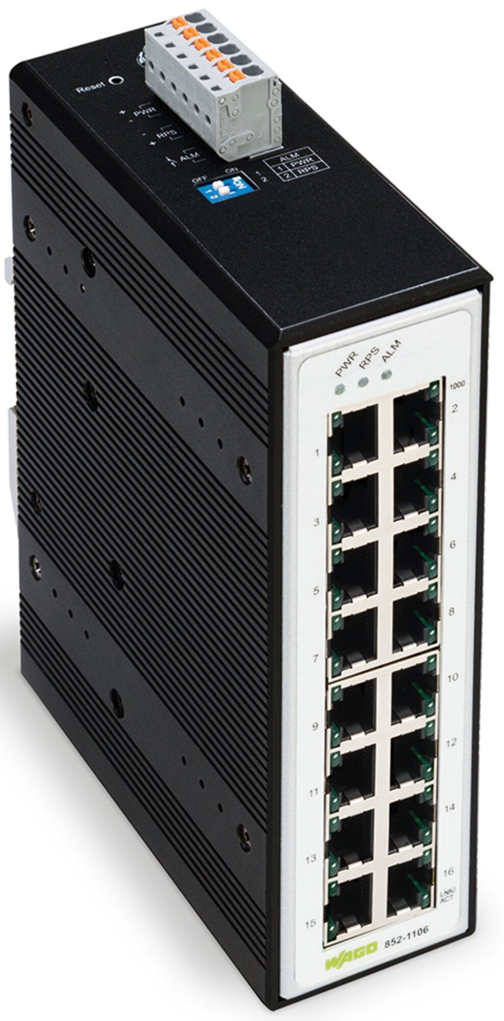 Industrial-Switch; 16 Ports 1000Base-T; Extended temperature range; black metallic