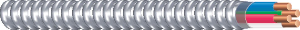 Southwire Armorlite Type MC Cable is constructed with soft-drawn copper  Type THHN/THWN-2 conductors rated 90C dry  and a bare copper grounding conductor for sizes 1/0 AWG and larger. The conductors are cabled together and a binder tape bearing the print legend is wrapped around the assembly. Aluminum interlocking armor is applied over the assembly. Also available in steel. Conductors are black with phase identification. Colors available upon request with economic order quantity.