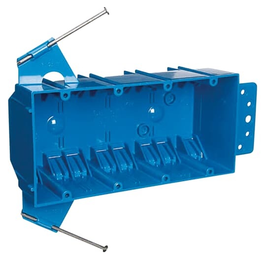 Four-Gang Nail-On New Work Outlet Box, Volume 60 Cubic Inches, Length 7-5/8 Inches, Width 3-11/16 Inches, Depth 2-1/2 Inches, Color Blue, Material PVC, Mounting Means Captive Nails, Bracket Support, and Hanger Bar