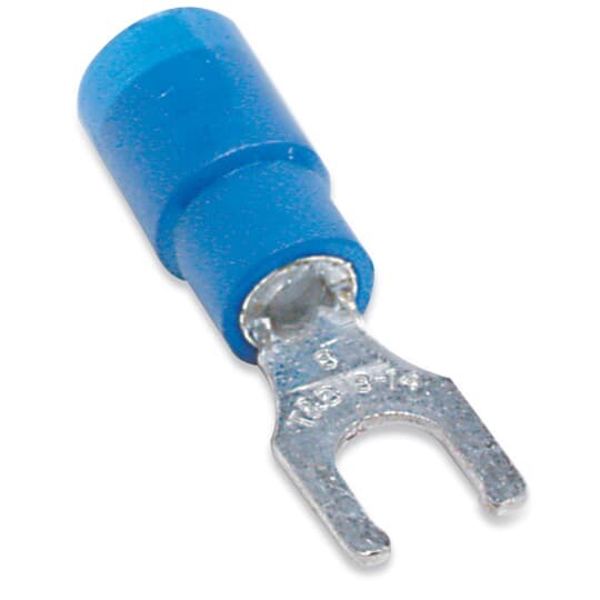 Expanded Vinyl-Insulated Locking Fork Terminal, Length .97 Inches, Width .31 Inches, Maximum Insulation .200, Bolt Hole #6, Wire Range #18-#14 AWG, Color Blue, Copper, Tin Plated