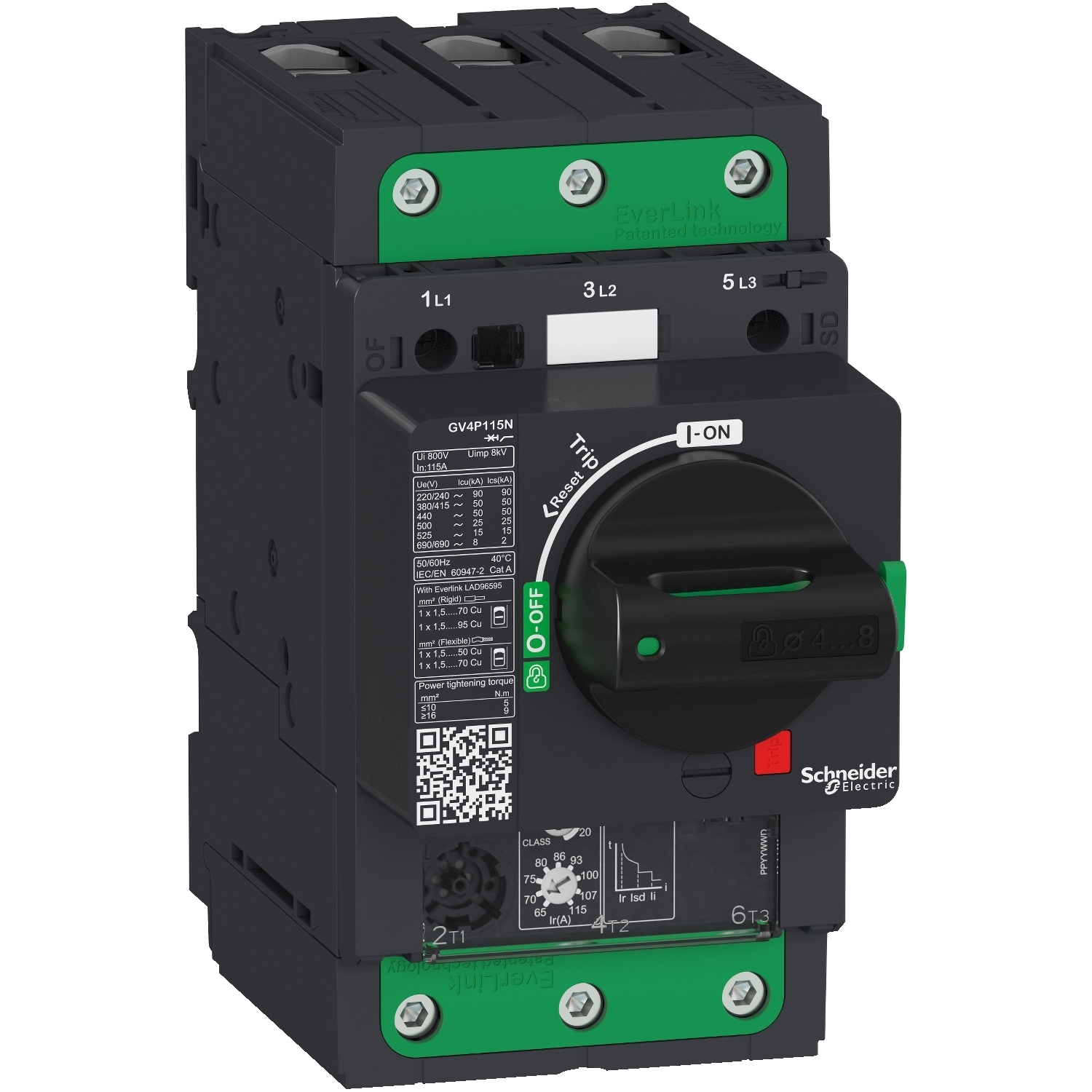 Motor circuit breaker, TeSys GV4, 3P, 115A, Icu 50kA, thermal magnetic, Everlink terminals
