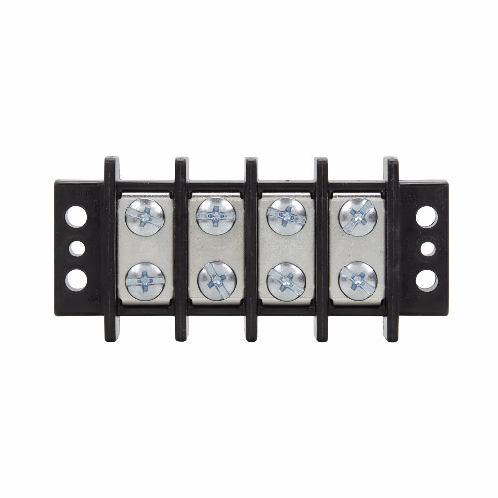 Eaton Bussmann TB400 series panel mount terminal block connector, Breakdown voltage 7500V, 600V, 75A, Double row, barrier, Two-pole, #10-32 TPI Screw, Screw, Black, Tin-plated brass terminal, Zinc-plated Steel philslot screw