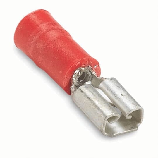 Vinyl-Insulated Female Disconnect, Length .85 Inches, Width .23 Inches, Maximum Insulation .150, Tab Size .187x.032 Wire Range #22-#18 AWG, Color Red, Copper, Tin Plated