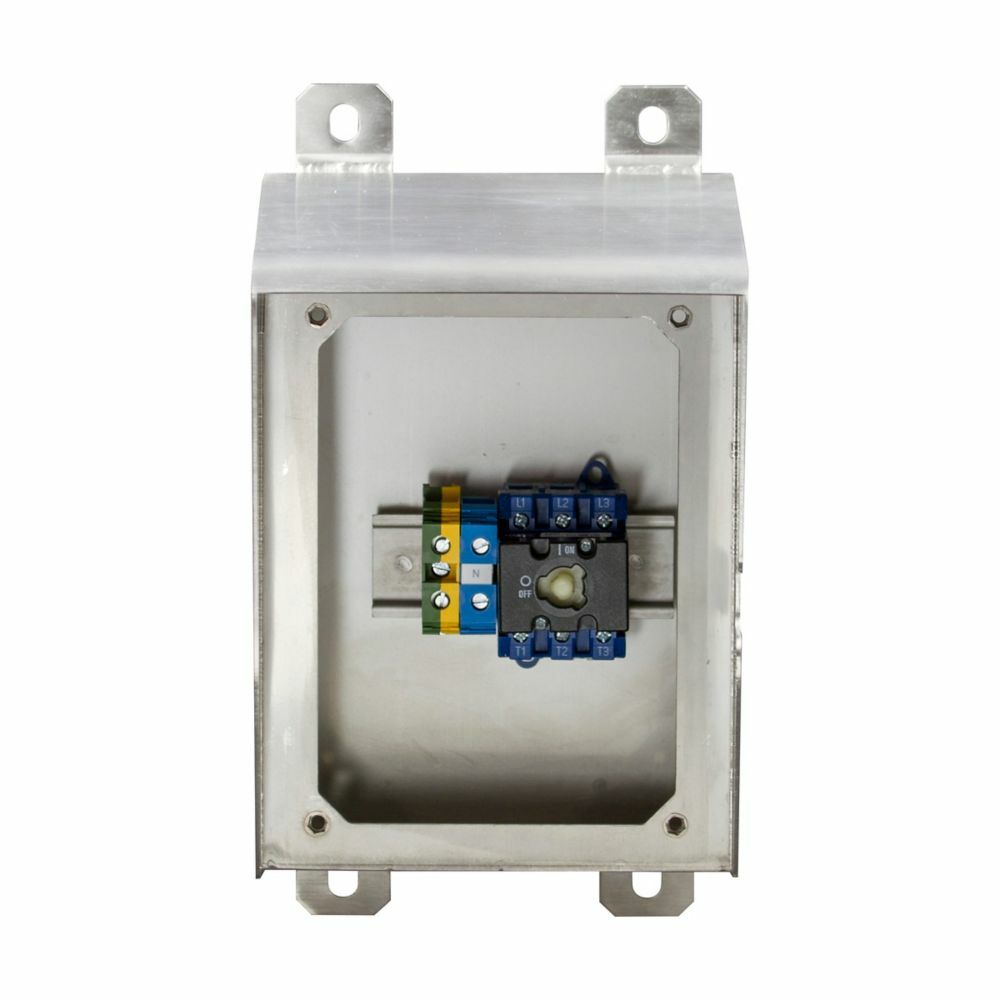 Eaton motor control disconnect X-switch, IP69K/IP66 Ingress Protection, #14-10 AWG, 30A, Mounting feet/DIN rail, flush or 1/4" spacing, 600V, NEMA 4X, 12, Enclosure: 316L SS, Washdown, Three-phase, Rotary, NSF certified for food processing