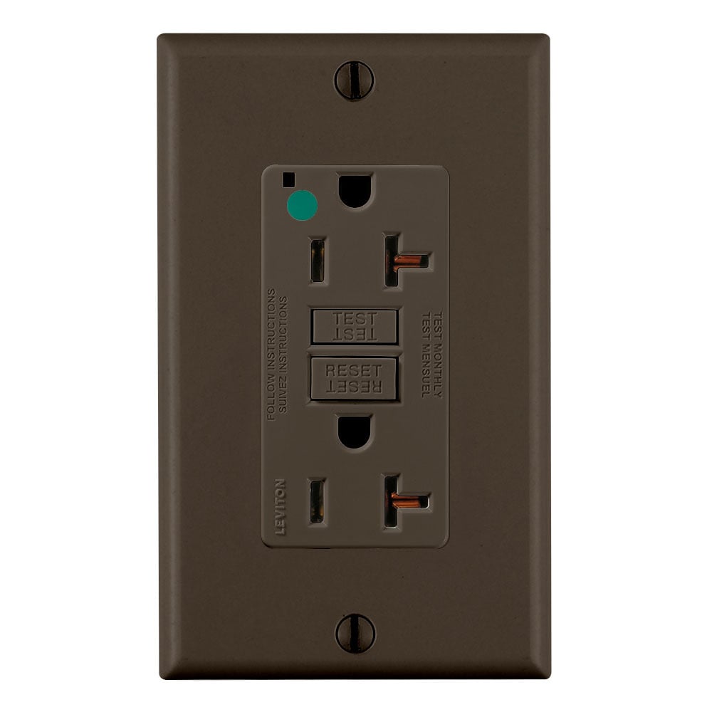 20 Amp, 125 Volt, SmartlockPro Slim Self-Test GFCI Receptacle, Extra-Heavy Duty Hospital Grade, NEMA 5-20R, 20A Feed-Through, 2P, 3W, Matching Wallplate Included - BROWN