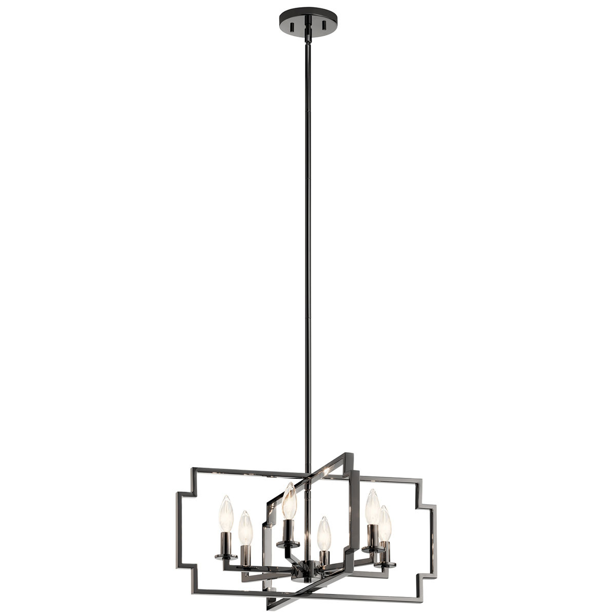The Downtown Deco 21.5 inch 6 Light Convertible Chandelier/Semi Flush in Midnight Chrome features a squared edge outer frame that surrounds the curved candle design, allowing the light to fully shine through. The Downtown Deco convertible chandelier/semi flush is perfect in contemporary or mid-century modern environments.