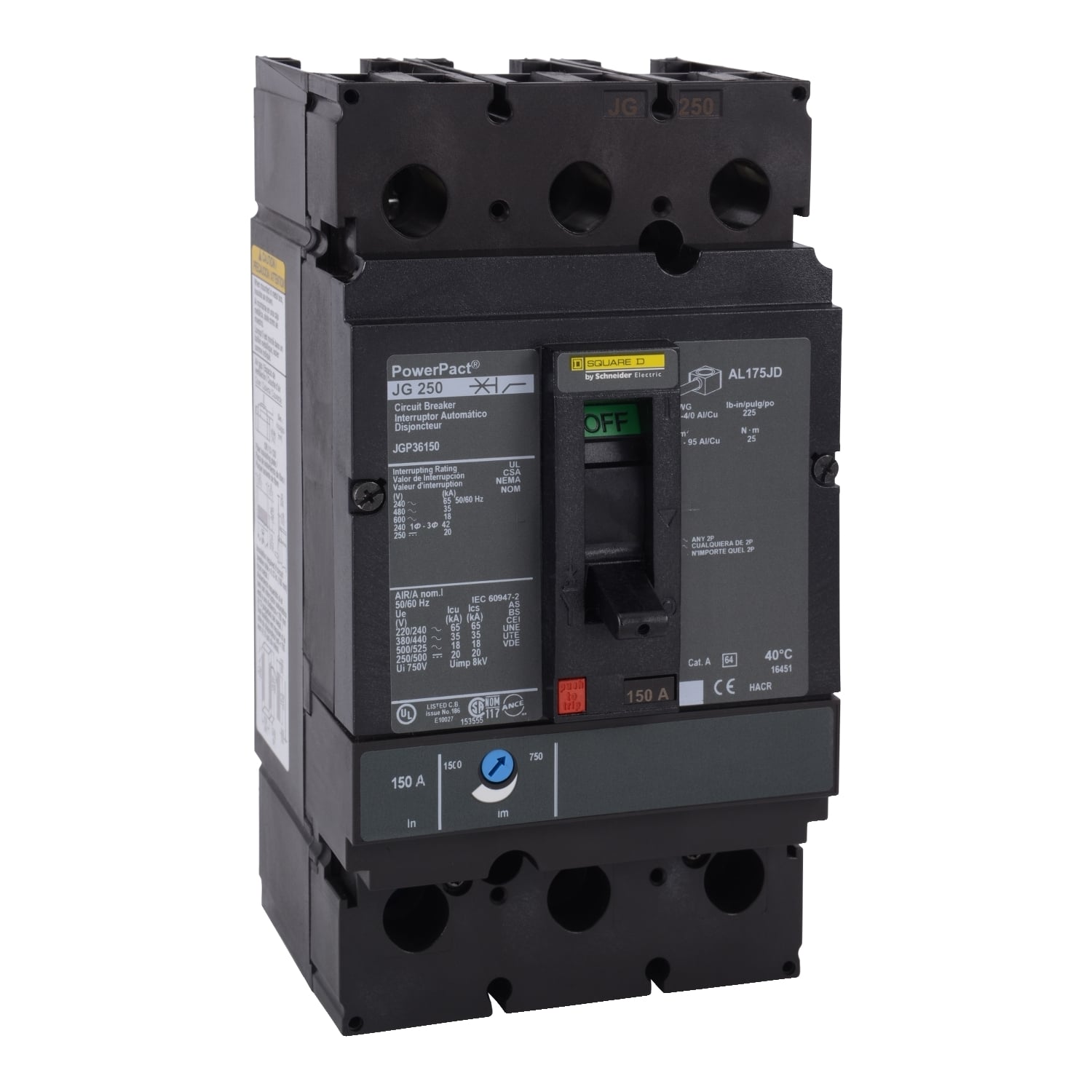Circuit breaker, PowerPacT J, 150A, 3 pole, 600VAC, 18kA, lugs, thermal magnetic, 80%