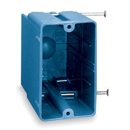 One-Gang Nail-On New Work Box, Volume 22.5 Cubic Inches, Length 3-21/32 Inches, Width 2-5/16 Inches, Depth 3-3/8 Inches, Color Blue, Material PVC, Mounting Means Recessed Angled Nails