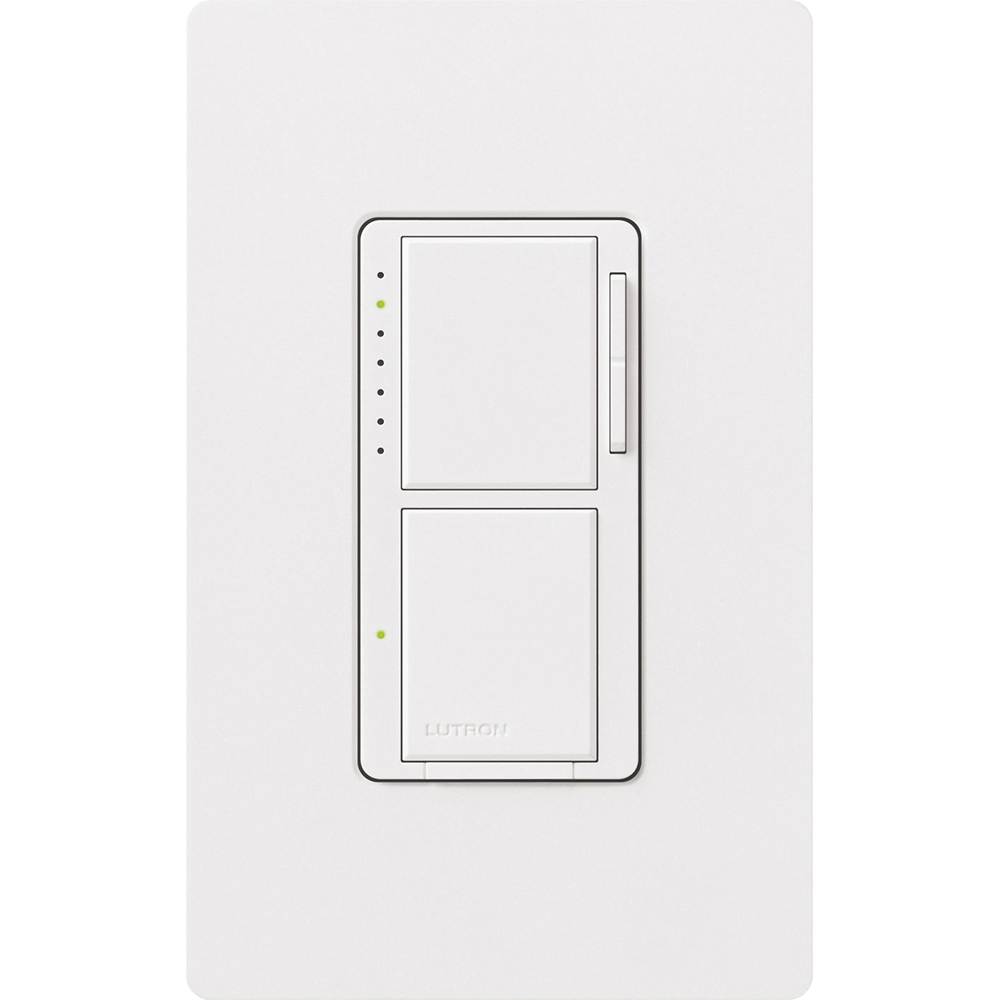 Maestro Dual Incandescent/Halogen Dimmer and Switch, Single-pole, clamshell packaging, wallplate included, White finish, 120V/300W dimmer, 2.5A switch in white