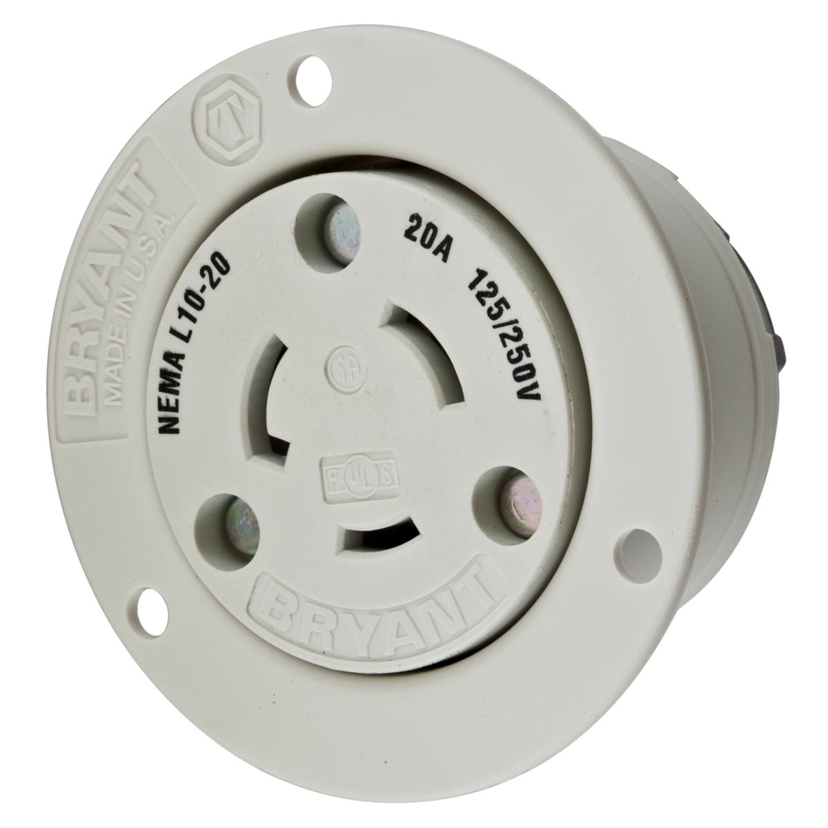 Locking Devices, Twist-Lock, Industrial, Insulgrip Flanged Receptacle, 20A 125/250V, 3-Pole 3-Wire Non-Grounding, NEMA L10-20R, Screw Terminal, Nylon casing, Back wired, White.