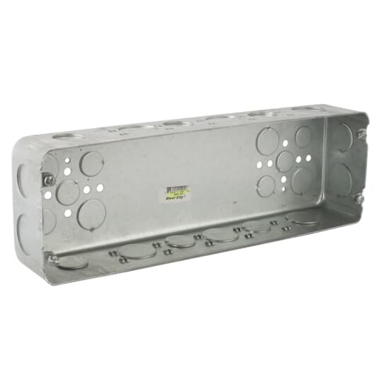 Five Gang Drawn-Style Gang Box, 150 Cubic Inches, 14-1/16 Inches Long x 4-1/2 Inches Tall x 2-1/2 Inches Deep, 3/4 Inch and 1 Inch Knockouts, Pre-Galvanized Steel, Drawn Construction, For use with Conduit