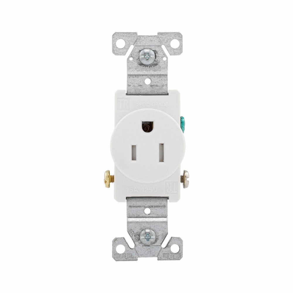 Eaton commercial specification grade single receptacle, #14-10 AWG, 15A, Commercial, Flush, 125V, Side wire, White, Brass, Impact-resistant thermoplastic face and back body, 5-15R, Single, Screw, PVC, ED Box