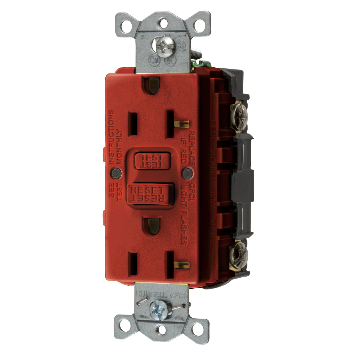 Power Protection Products, Straight Blade Devices, Receptacle, GFCI, Commercial Grade, Self Test, 20A 125V, 2-Pole 3-Wire Grounding, 5-20R, Red, US Product.