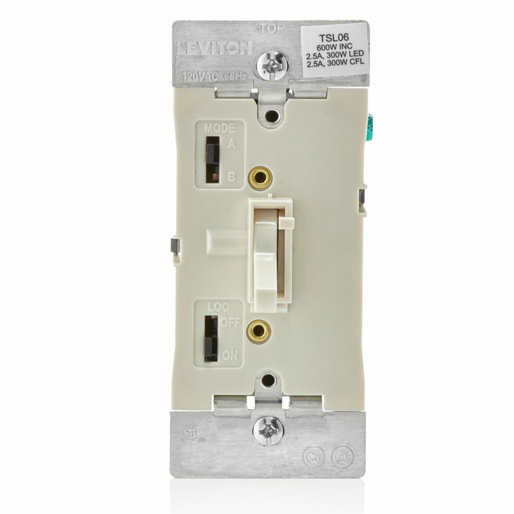 Preset Toggle Slide Dimmer Single Pole/3-Way, 600W -120VAC Incandescent 300W LED/CFL, Lighted, (2) Mounting Screws Mounted To Strap With Retaining Washer. Light Almond.