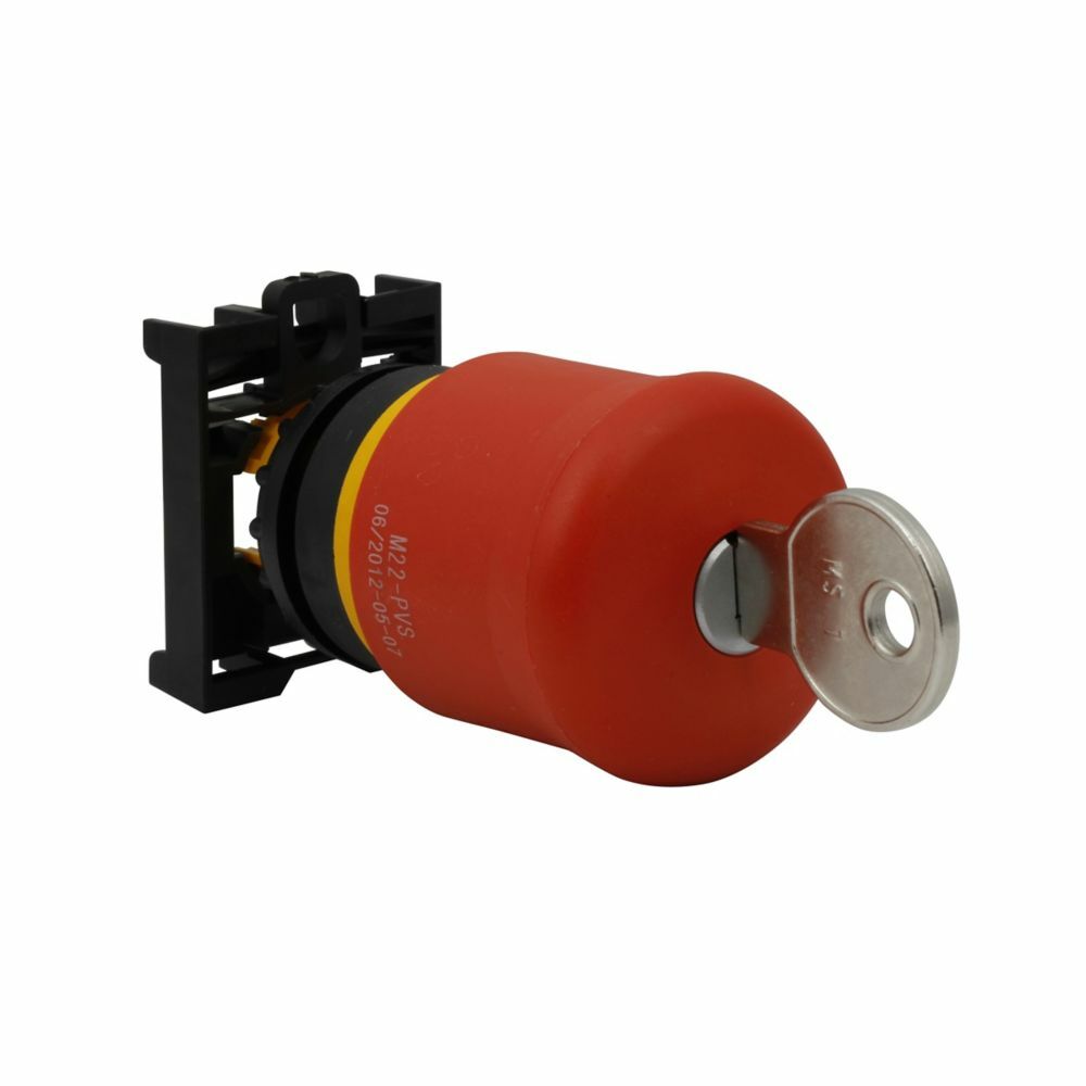 Eaton M22 Key Release Emergency Stop, Complete Device, 22.5 mm, Knob, Maintained, Non-illuminated, Bezel: Silver, Button: Red, 2NC, IP67, IP69K, NEMA 4X, 13