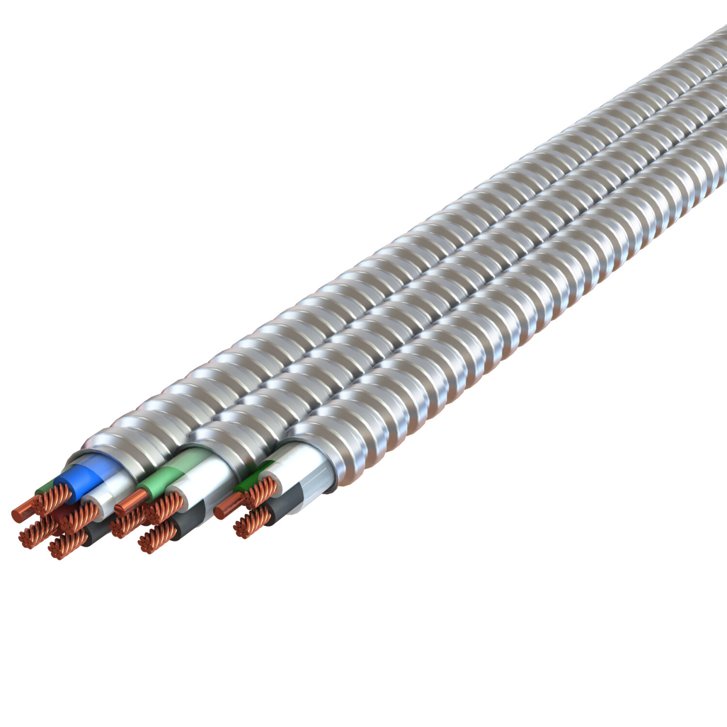 4-3 Stranded Black, Red, White, Green - MC Steel, Plain Interlocked Galvanized Steel Armor - Type MC - 100' Coil