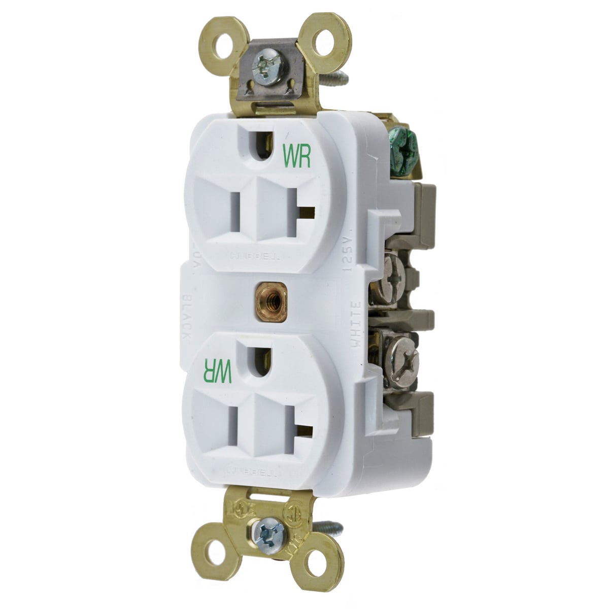 Straight Blade Devices, Receptacles, Weather-Resistant Duplex, Industrial Grade, 20A 125V, 2-Pole 3-Wire Grounding, 5-20R, White, Single Pack.