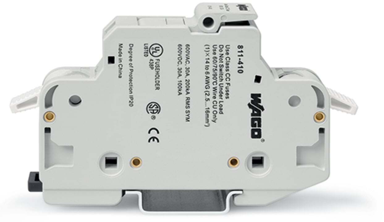 2-conductor fuse holder; for Class CC cylindrical fuses; 1-pole; without blown fuse indication; 600 VAC/VDC; for DIN-rail 35 x 15 and 35 x 7.5; 16 mm; CAGE CLAMP; 16,00 mm; light gray